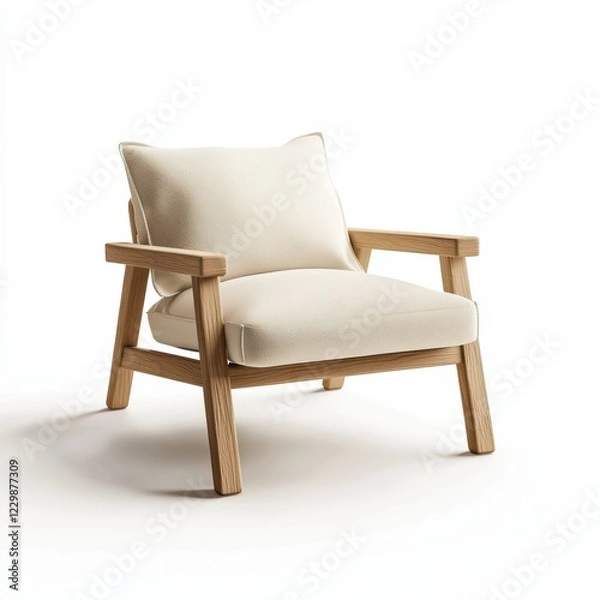Fototapeta simple Scandinavian-style wooden chair with soft beige cushions, isolated on a white background with subtle lighting