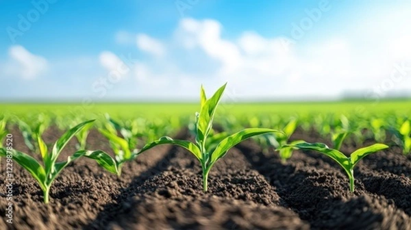 Fototapeta A field of green plants with a blue sky in the background