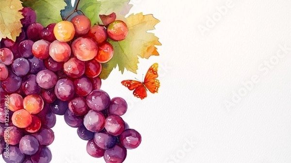 Fototapeta A vibrant watercolor illustration of grapes with green leaves and a butterfly, creating a fresh and natural scene.