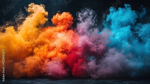 Fototapeta Vivid Explosion and Smoke Effect: A Sci-Fi Art Display of Light and Colorful Gradation Against a Dark Night Sky.