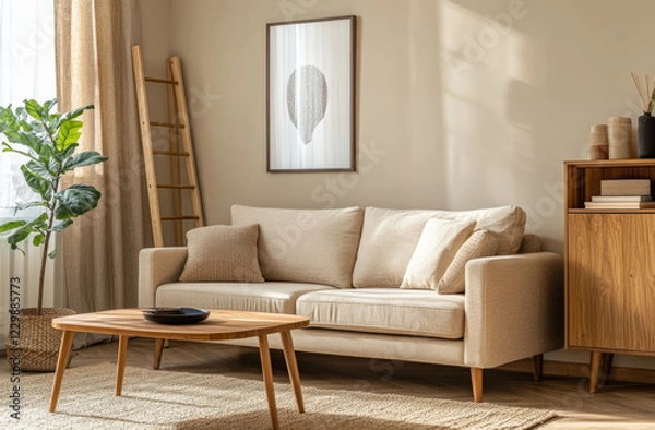 Fototapeta A minimalist style living room. There is a white sofa in the room with two cushions on it. In front of the sofa is a wooden coffee table