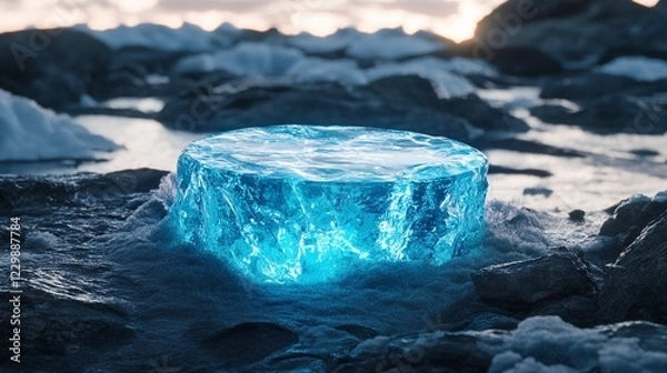 Fototapeta Luminous Ice Block on Glacial Rocks at Sunset