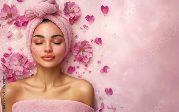 Fototapeta Woman in spa relax Valentines Day and 8 March theme on gradient background