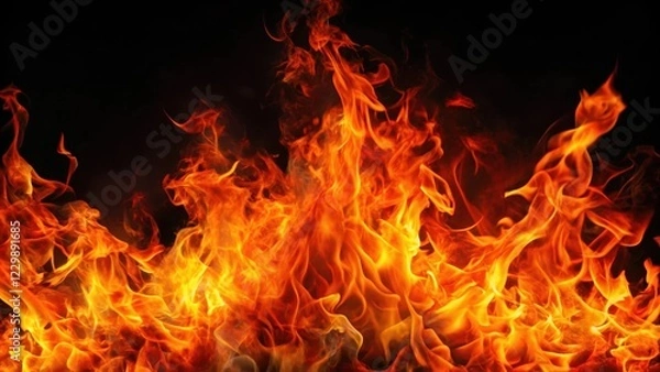 Fototapeta A blazing inferno of orange and red flames on a dark black background with intense heat radiating from the fire , black background, fiery