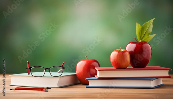 Fototapeta red apple and books