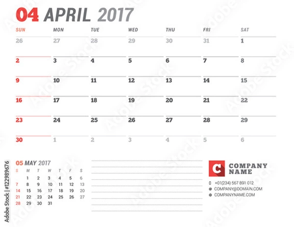 Fototapeta Calendar Template for 2017 Year. April. Business Planner 2017 Template. Stationery Design. Week starts Sunday. 2 Months on the Page. Vector Illustration