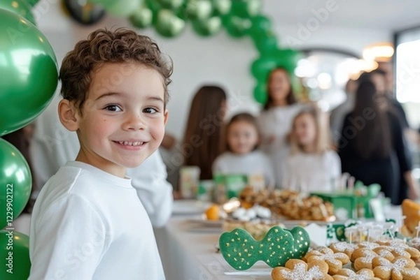 Fototapeta A smiling young boy at a lively celebration with green decorations and a delightful spread of treats, embodying the joy and excitement of special occasions.