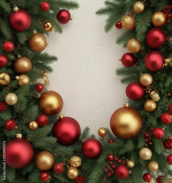 Fototapeta Lush evergreen pine branches are adorned with an assortment of colorful red and gold Christmas ornaments in a whimsical and festive arrangement, holiday decor, , gold