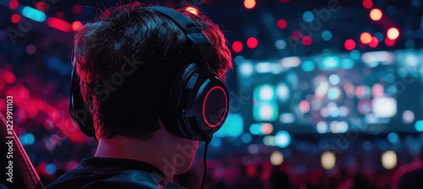 Fototapeta Intense Esports Arena Action: Gamer Communicates During High-Stakes Competition