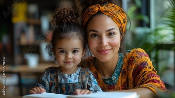 Fototapeta A mother helping her child with homework, educational and nurturing moment, bright study space