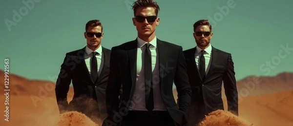 Fototapeta Three men in suits and sunglasses stand in a desert landscape, exuding a cool, confident vibe.