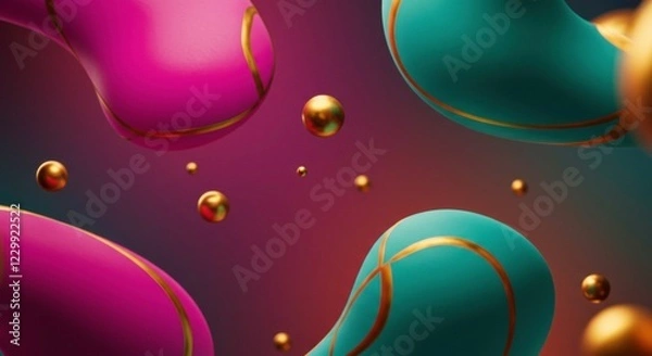 Fototapeta Abstract Liquid Forms: Teal and fuchsia organic shapes float amidst a scattering of golden spheres against a moody, dark background.