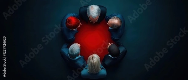 Fototapeta A group of individuals gathered around a circular table, engaged in a serious discussion.