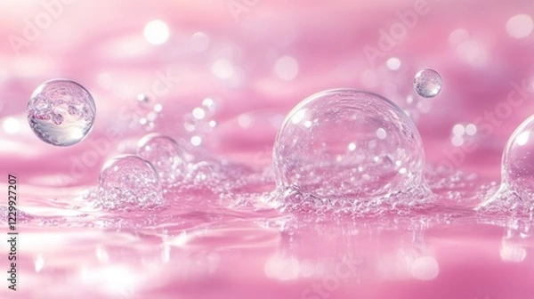 Obraz Pink liquid surface with many clear bubbles.