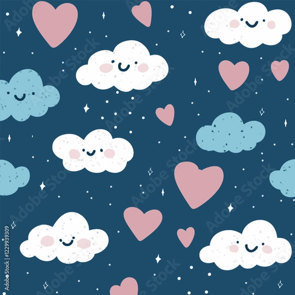 Fototapeta Cute background with a hand drawn clouds and hearts pattern