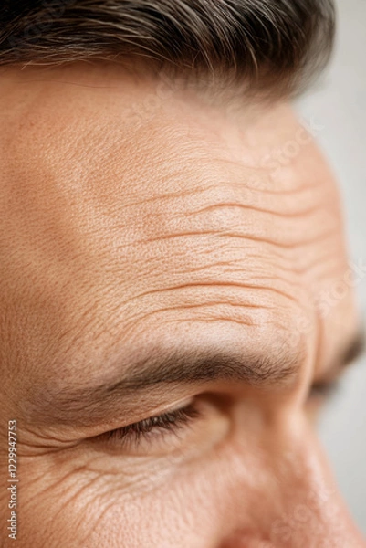 Fototapeta close up of man forehead showing reduced wrinkles and skin texture, highlighting effects of skincare or aging. image captures details of skin and hair