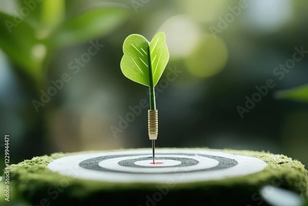 Fototapeta A creative interpretation of a target with a sprouting leaf symbolizes aspirations, achievements, and the growth that follows in the pursuit of success and environmental awareness.