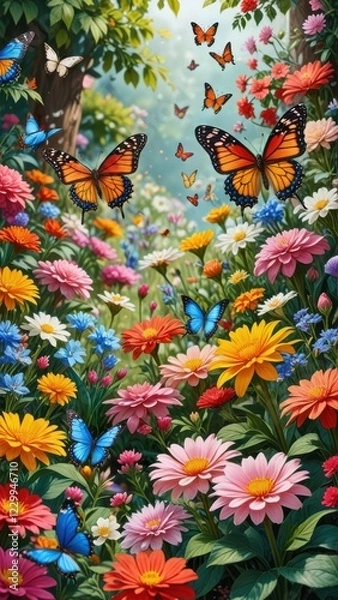 Fototapeta  A vibrant garden in spring with blooming flowers and butterflies
