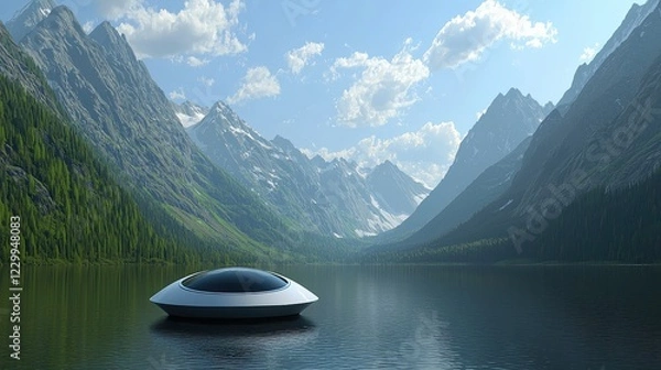 Fototapeta Futuristic UFO Hovering Over Serene Mountain Lake Under Clear Blue Sky