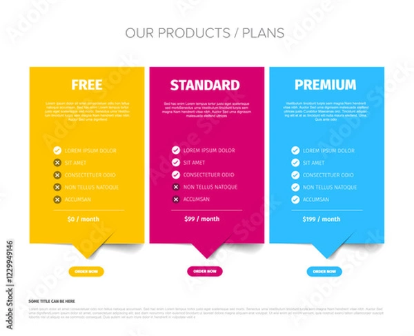 Fototapeta A vibrant product plan comparison chart template displays three options: Free, Standard, and Premium. Each plan highlights features and monthly pricing in a colorful, easy-to-read format.