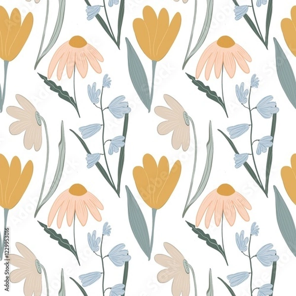 Fototapeta Pattern with spring first flowers on white background. Yellow tulip, daisy, snowdrop.