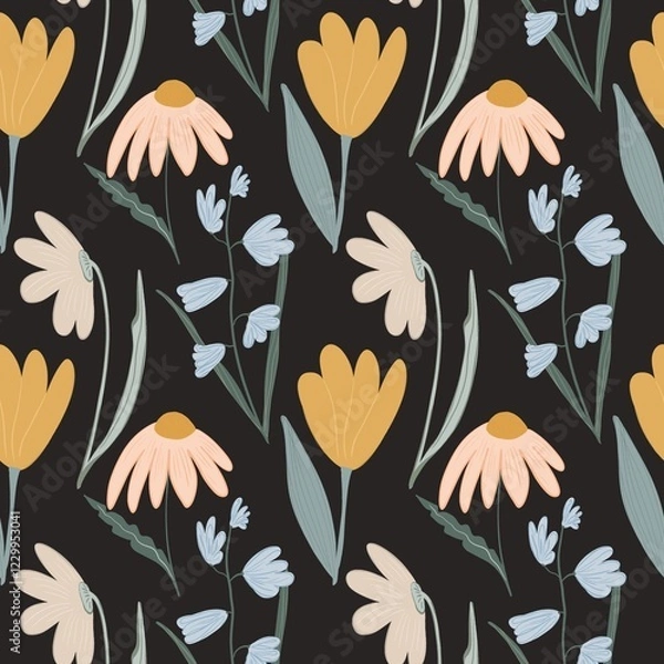 Fototapeta Pattern with spring first flowers on dark background. Yellow tulip, daisy, snowdrop.