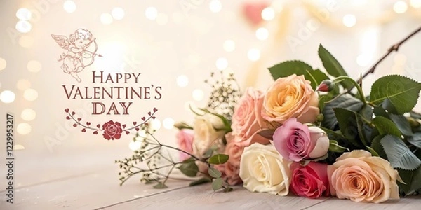 Obraz Romantic illustration with bokeh effect and text: "Happy Valentine's Day", delicate roses lie on a wooden surface on a blurred background with shades of pastel colors.