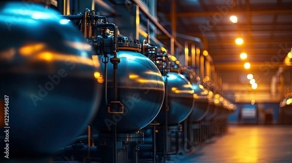 Fototapeta A row of large industrial compressed gas tanks in a factory setting, neatly arranged under bright lights.