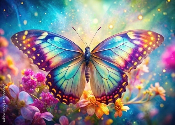 Fototapeta Macro photography's surreal twist: a double-exposed butterfly, wings intricately layered, nature's artistry unveiled.