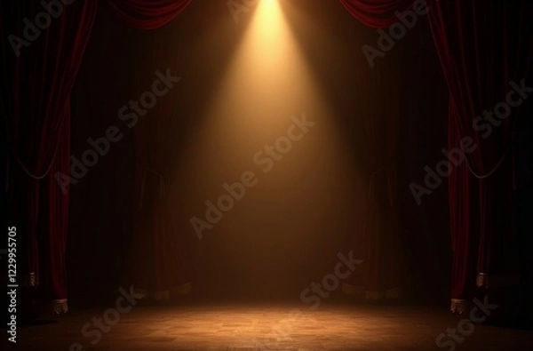 Obraz  Dramatic stage set with a sleek black platform that shimmers with subtle reflections, elevated by a series of steps leading up to a majestic golden throne-like structure, all bathed in warm, golden l