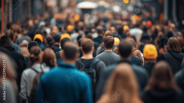 Fototapeta Diverse crowd navigating a bustling city street, surrounded by towering buildings, capturing the essence of urban life and daily commute in a metropolitan center