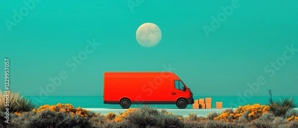 Fototapeta A red delivery van parked by the ocean under a large moon, surrounded by boxes and plants.