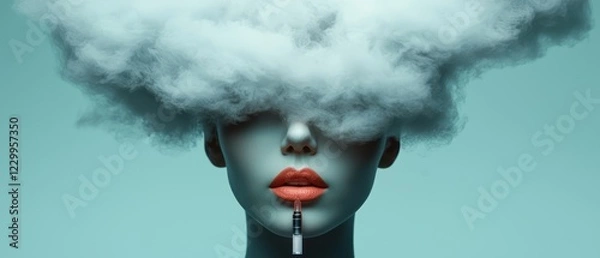 Fototapeta A surreal depiction of a faceless figure with a cloud and syringe, exploring themes of identity.