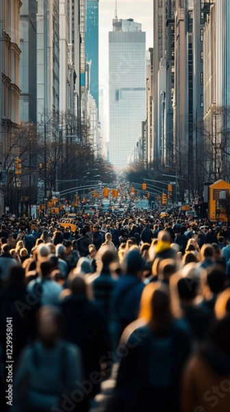 Fototapeta Diverse crowd navigating a bustling city street, surrounded by towering buildings, capturing the essence of urban life and daily commute in a metropolitan center
