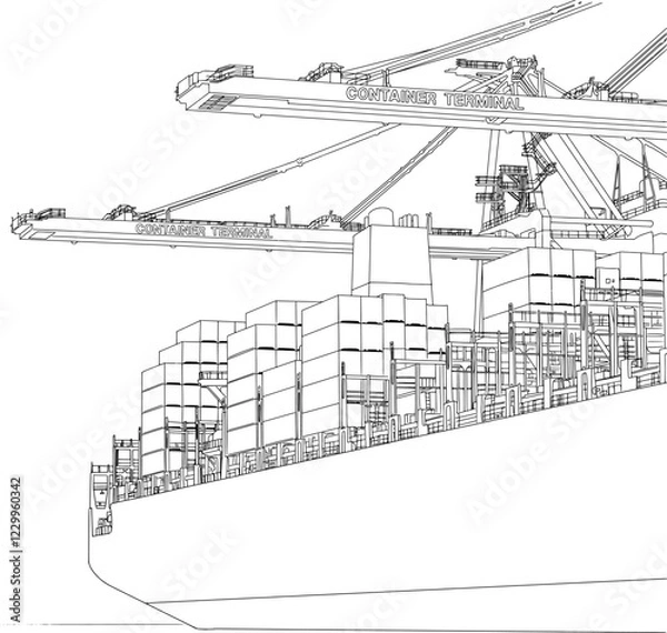 Fototapeta Container Ship and Port Cranes Line Art Illustration