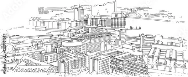 Fototapeta Port of Hamburg with Elbphilharmonie, Line Art