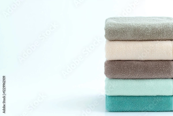 Fototapeta Soft pastel towels stacked neatly, perfect for calming bathroom aesthetic