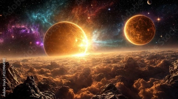 Obraz A vast alien sky with two suns, floating asteroids, and deep space elements, creating an otherworldly and futuristic wide banner background.