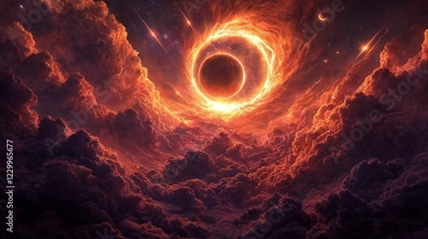 Obraz Apocalyptic sky with fiery red and purple clouds, a massive planetary eclipse, and meteors streaking across the horizon, evoking a sense of cosmic destruction and rebirth.