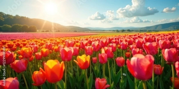 Obraz Sunlit panoramic view of vibrant tulip field in full bloom , sunlight, bloom