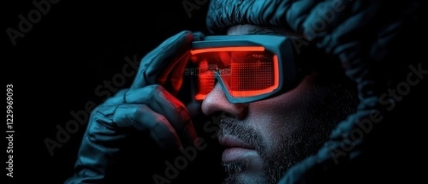 Fototapeta A close-up of a person wearing futuristic glasses and gloves against a dark background.