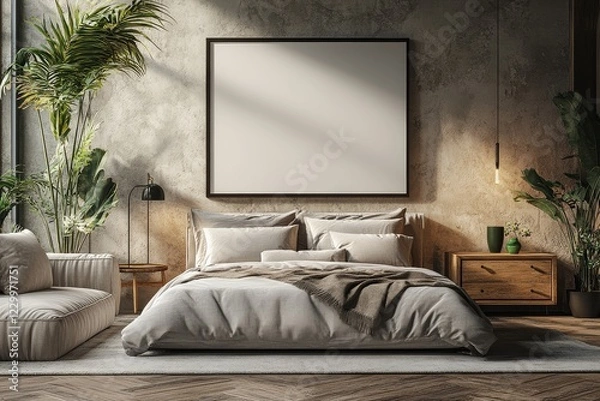 Fototapeta 3D rendering of a minimalist bedroom with gray fabric bed, wooden floor, bedside table, and green vase. Modern, simple interior design concept.