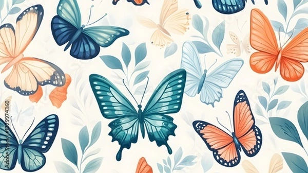 Fototapeta Colorful collection of butterflies surrounded by leaves in a whimsical natural design