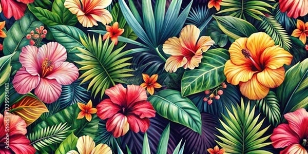 Fototapeta Vibrant tropical hibiscus and palm leaves captured in documentary-style botanical prints.