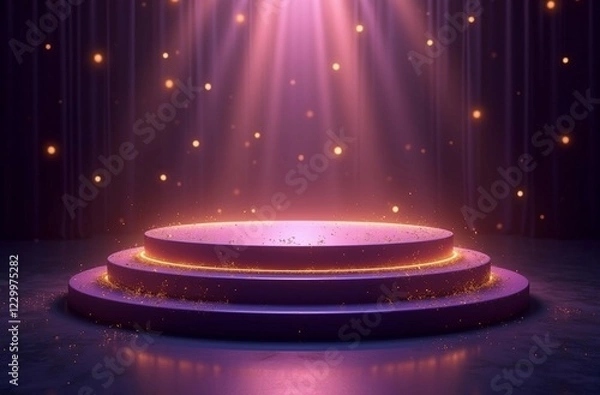 Fototapeta A purple podium is dramatically lit with golden sparkles, suggesting celebration or an exclusive event