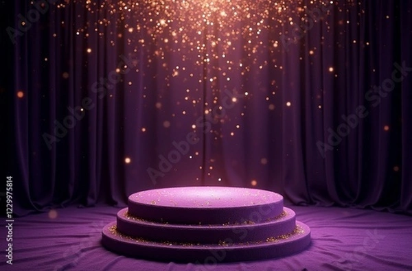 Obraz A purple podium is dramatically lit with golden sparkles, suggesting celebration or an exclusive event