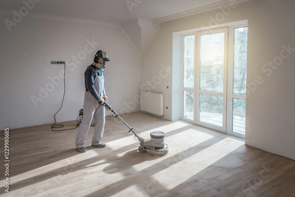 Obraz Professional worker with polishing grinding machine cleans wooden parquet floor