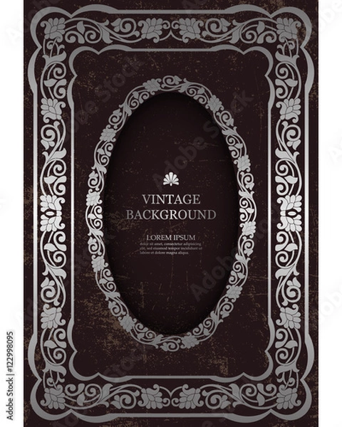 Fototapeta Vector Floral Vintage Frame, template for the book covers design, old pages, photo frames, invitations, certificates, cards. Victorian luxury ornamental design, silver border on dark background.