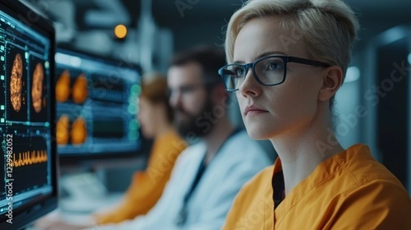 Fototapeta Focused Medical Team Analyzing Data on Computer Screens in Lab