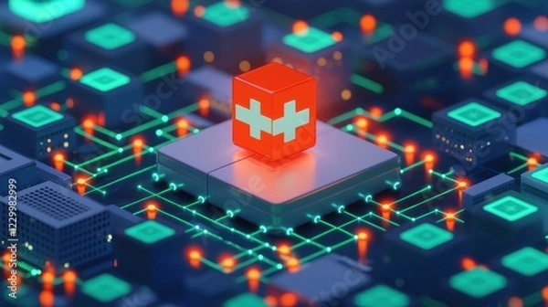 Fototapeta Red Cube in Center of Chip with Electronic Circuit Background